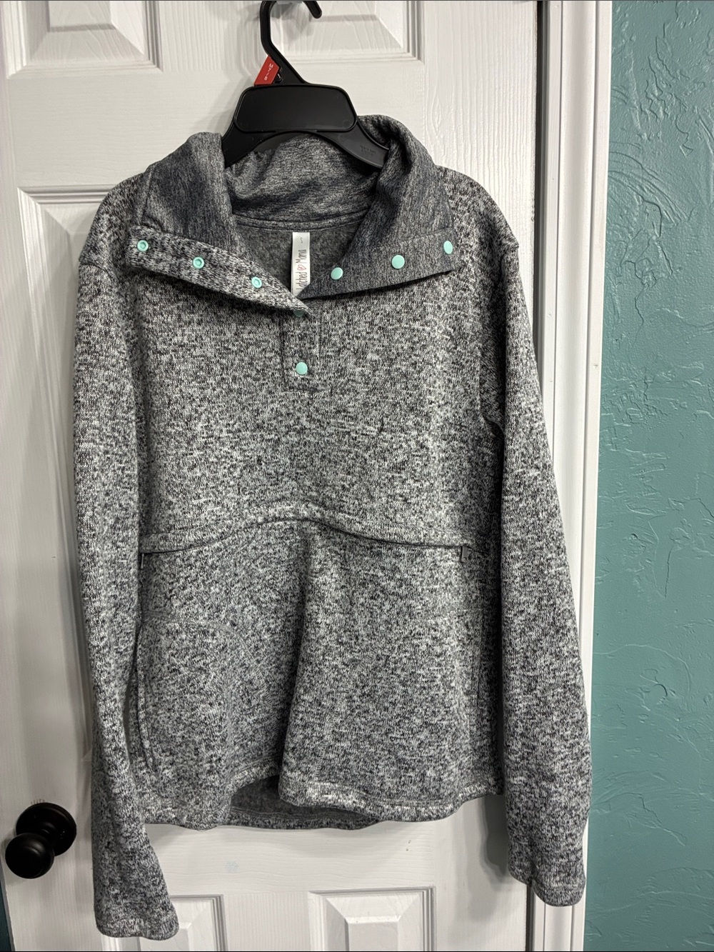 Latched Mama Grey Marled Snap Pullover with Mint Snaps